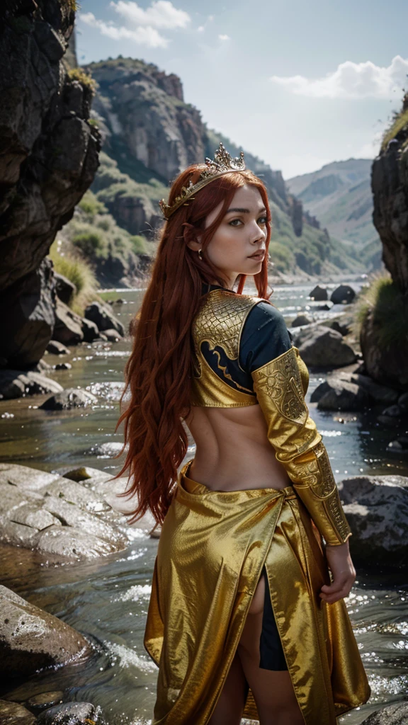 32k, extremely large and refined luminous green eyes, intricate patterns, ultra realistic details, beautiful ancient irish celtic female warrior, elaborate long braided red hair, ornaments in hair, floating, windy, messy hair, celtic pattern dress, tribal tattoos on arms, legs, very detailed, difficult, masterpiece, high quality, detailed cores, cliffs of moher, ancient irish castle, lush greenery, shafts of light from sky, breathtaking beauty, pure perfection, divine cinematographic, full body shot, rough seas, large ocean waves, mythical,