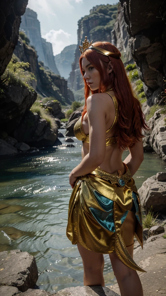 8k raw image of an a woman called rhaenyra in house of the dragon dressed red in color yellow hairs not too old wearing a crown made up of silver and gold with the design of dragon on them  standing along side  of dragon called vhagar the largest of all in house of the dragon which looks angry 
High Resolution in back ground there is height where they are standing but below the rock there is river flowing which color is dark blue 
