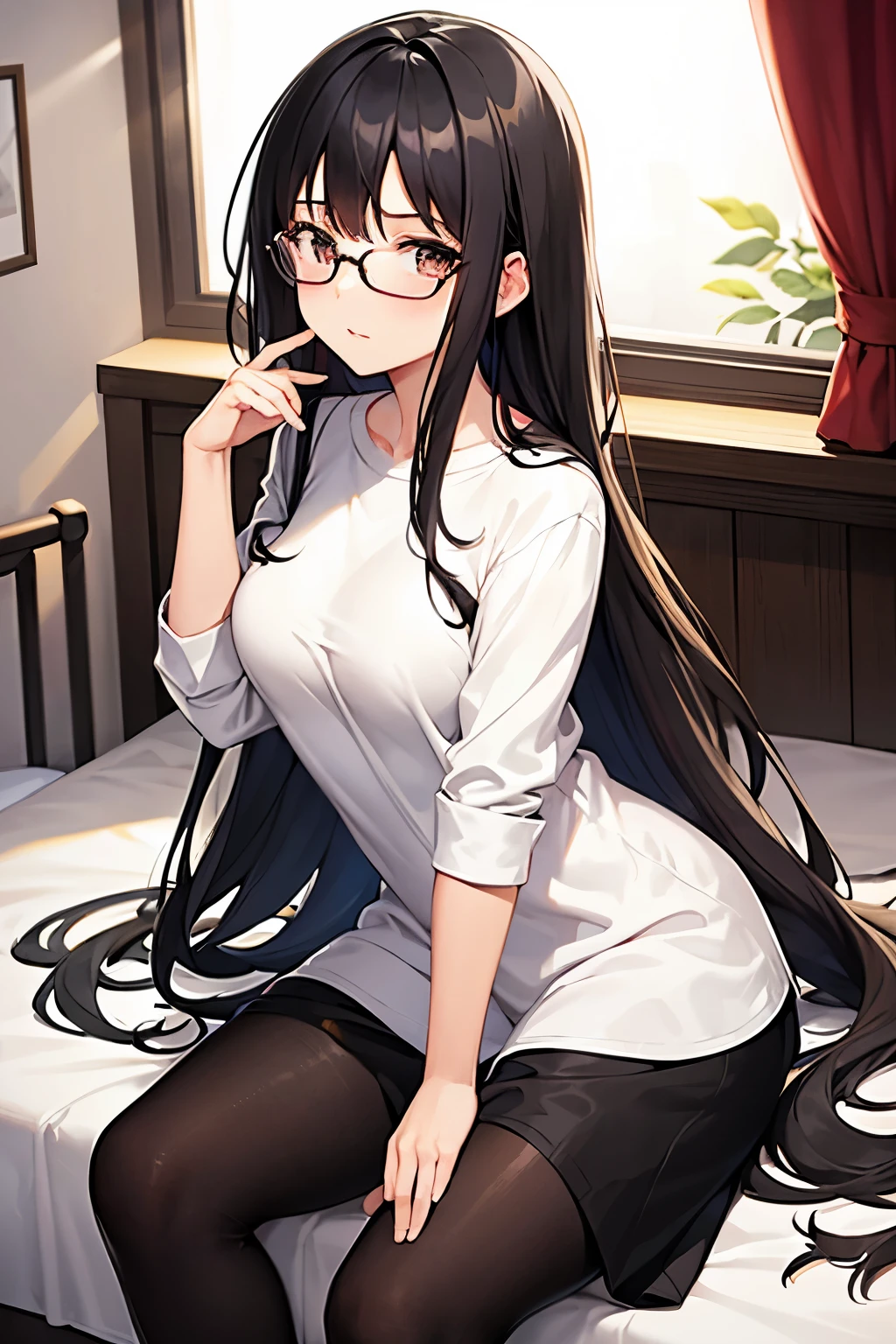 Shy sexy girl with glasses, black hair, long hair, brown eyes, wearing a short white pajamas, the girl is sitting on her bed, the girl is in a bedroom