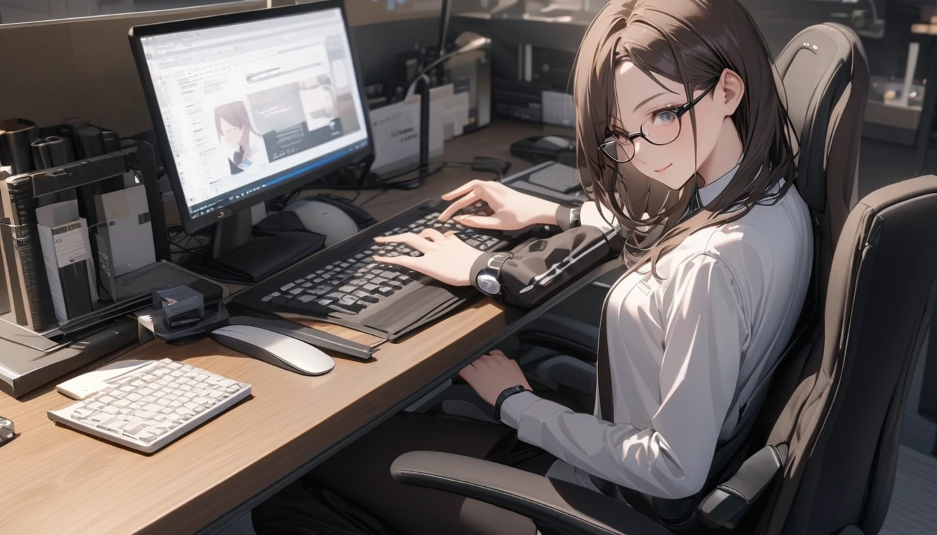 パソコンで仕事をするProfessionalグラマー,Portraiture,Professional,Wearing a smart suit,Stylish glasses,Typing on a sophisticated computer,Use a wireless mouse,Sitting at a modern desk,A soft smile,Soft natural light,High resolution,High resolution,Very detailed.One Woman ,alone, Dark brown hair