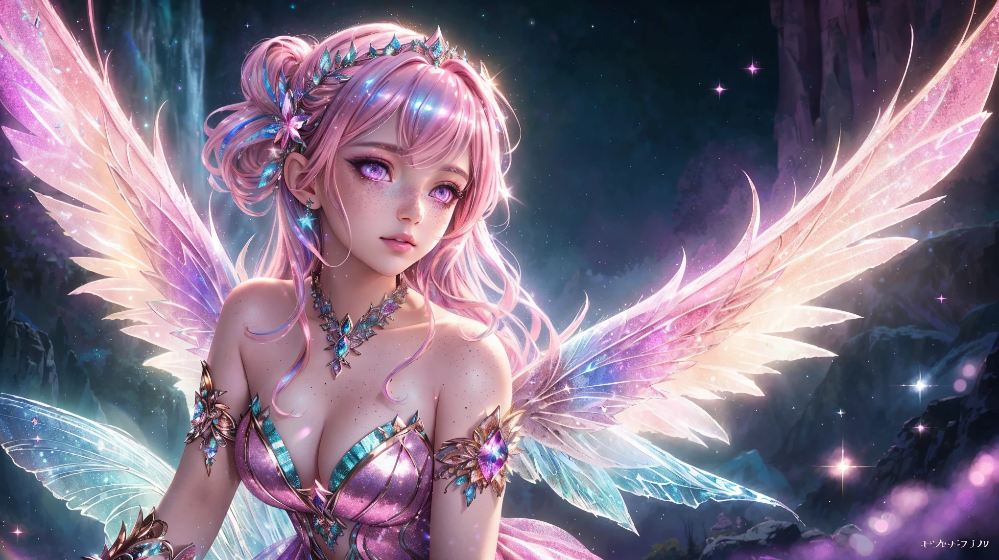  (Best quality image, masterpiece, ultra-detailed, HD), Dark fairy princess, 2 large broken glittered wings, gorgeous face details, freckles, light pink eyes, mystic multi-colored hair, shimmer, boheh, light play, cinematic dance motion, stunning graphical artwork, professional illustration, 12k 