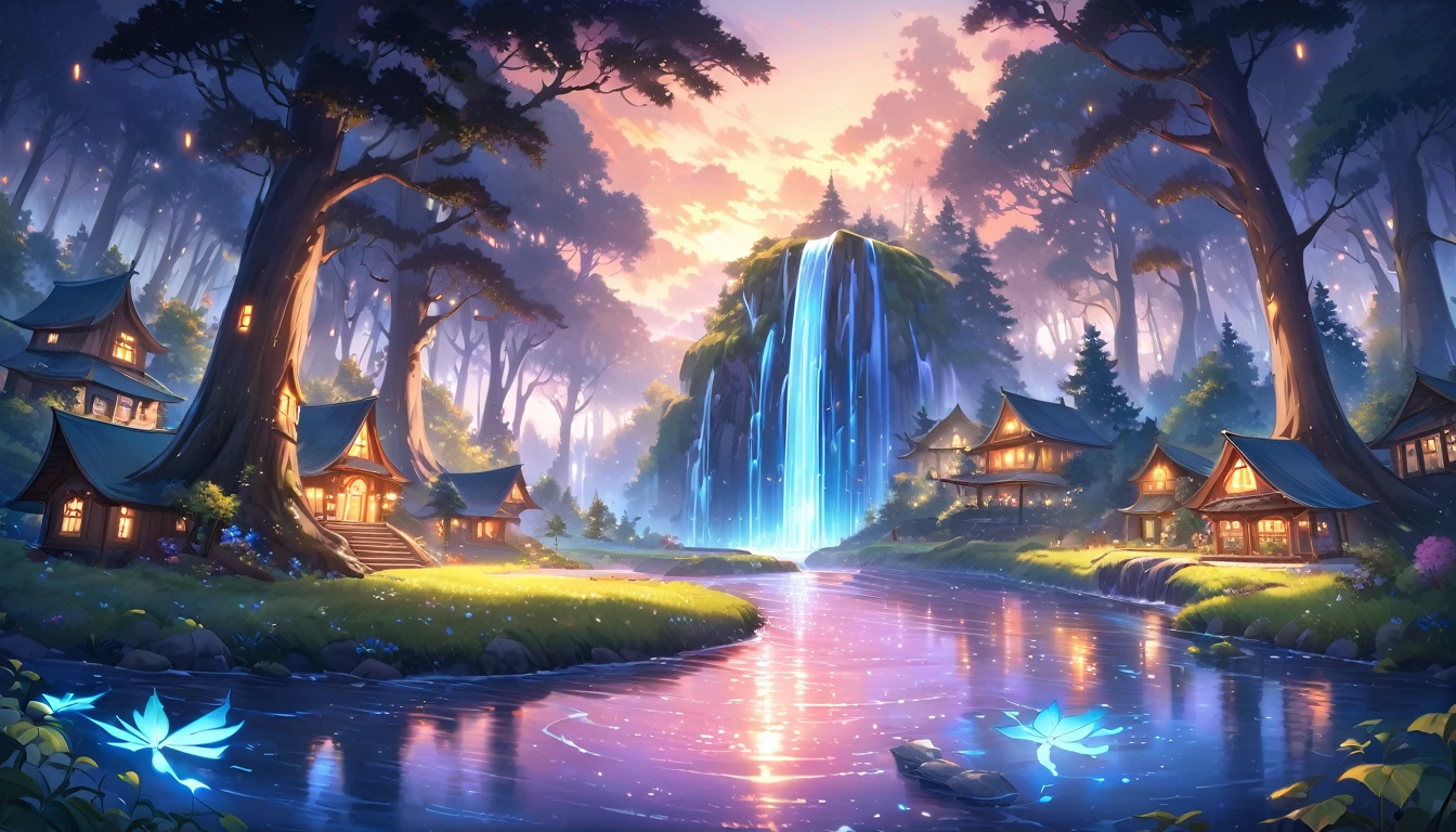 The atmosphere of a village where fairies live in a deep forest.,Trees cover half the sky, Hazy Mist, flowing stream of light, small winding cascading waterfall, nice waterfall, Beautiful fantasy paintings, bioluminescence waterfall, golden heavenly light, Epic surrealist 8K oil painting, A small European-style house is a fairy house, lighting in the house, forest of giant trees, Dusk, sunset, calm stream water, Magnificent tree,