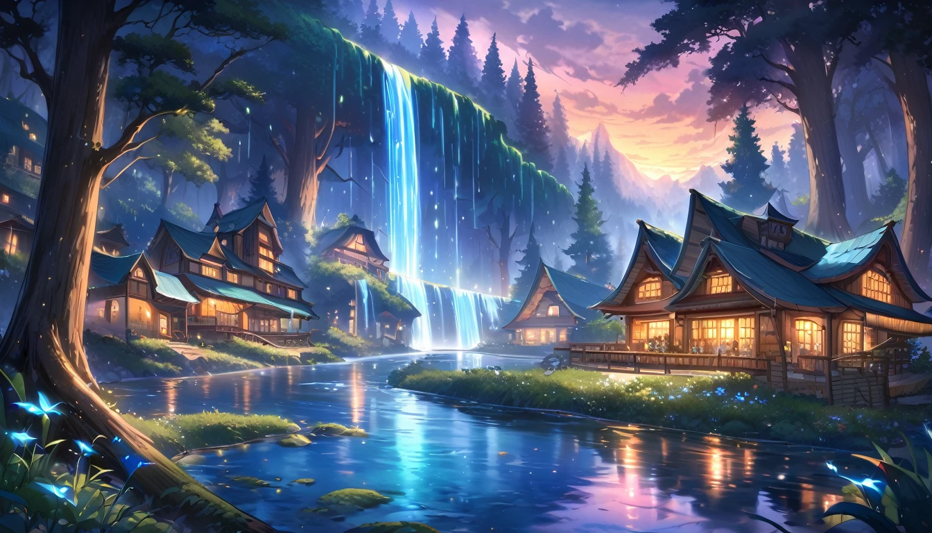 The atmosphere of a village where fairies live in a deep forest.,Trees cover half the sky, Hazy Mist, flowing stream of light, small winding cascading waterfall, nice waterfall, Beautiful fantasy paintings, bioluminescence waterfall, golden heavenly light, Epic surrealist 8K oil painting, A small European-style house is a fairy house, lighting in the house, forest of giant trees, Dusk, sunset, calm stream water, Magnificent tree,