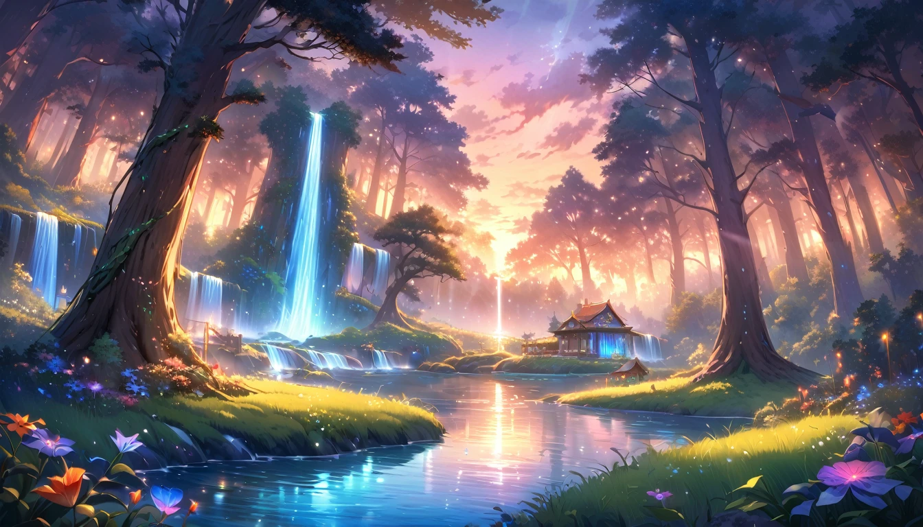 The atmosphere of a village where fairies live in a deep forest.,Trees cover half the sky, Hazy Mist, flowing stream of light, small winding cascading waterfall, nice waterfall, Beautiful fantasy paintings, bioluminescence waterfall, golden heavenly light, Epic surrealist 8K oil painting, A small European-style house is a fairy house, lighting in the house, forest of giant trees, Dusk, sunset, calm stream water, Magnificent tree,