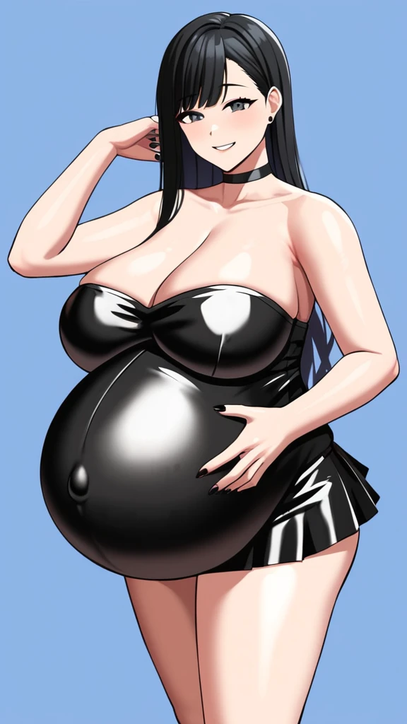 ashleyvk, 1girl, solo, black hair, big breasts, choker, long hair, anime coloring, bare shoulders, mini skirt, smile, pregnant, huge belly, black nails