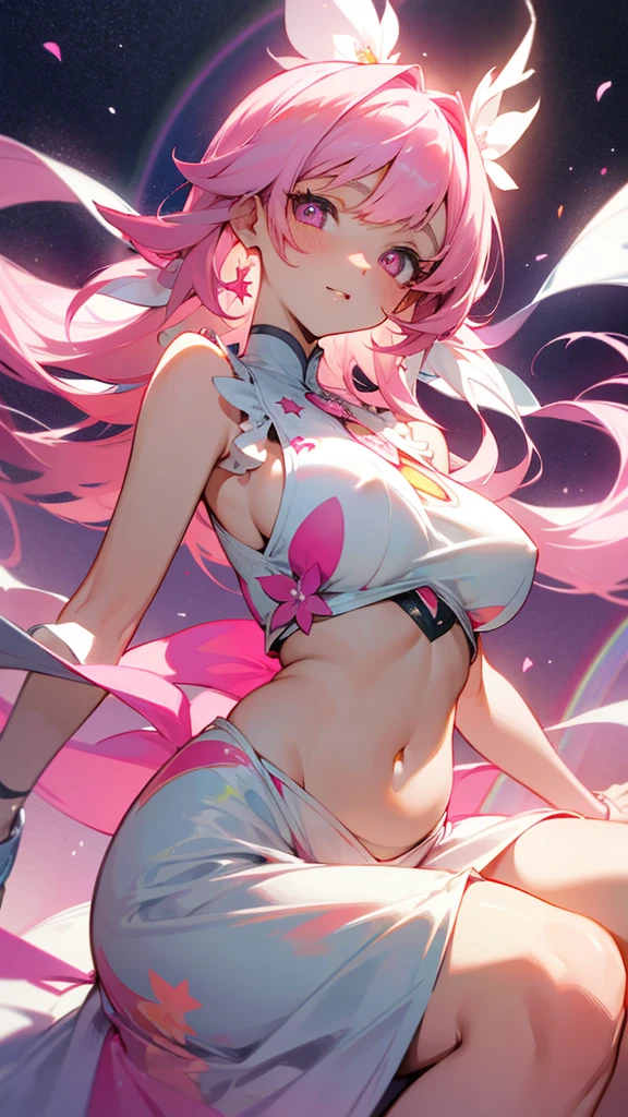 ume white woman, bright pink eyes with flower-shaped pupils, long rainbow pink hair, sleeveless dress with a low cut and open top with a star shape on the belly.breasts big