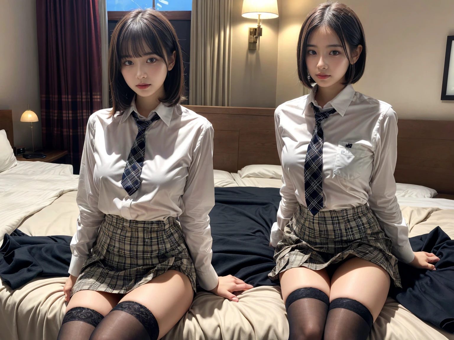 masterpiece, best quality, illustration, Super detailed, fine details, High resolution, 8K,wall paper, perfect dynamic composition,(Details High quality, realistic depiction of eyes:1.3), (3 girls), (white school shirt :1.2), (plaid skirt :1.3), tie black, black thigh-high stockings, sitting, open legs, short bob hair, in a hotel room in the background, deep on field, large breasts, black hair color, Big Natural Color Lip, (perfect body shape), crying a little、Harajuku style、20 year old girl、cute type、beautiful legs, Gravure Idol