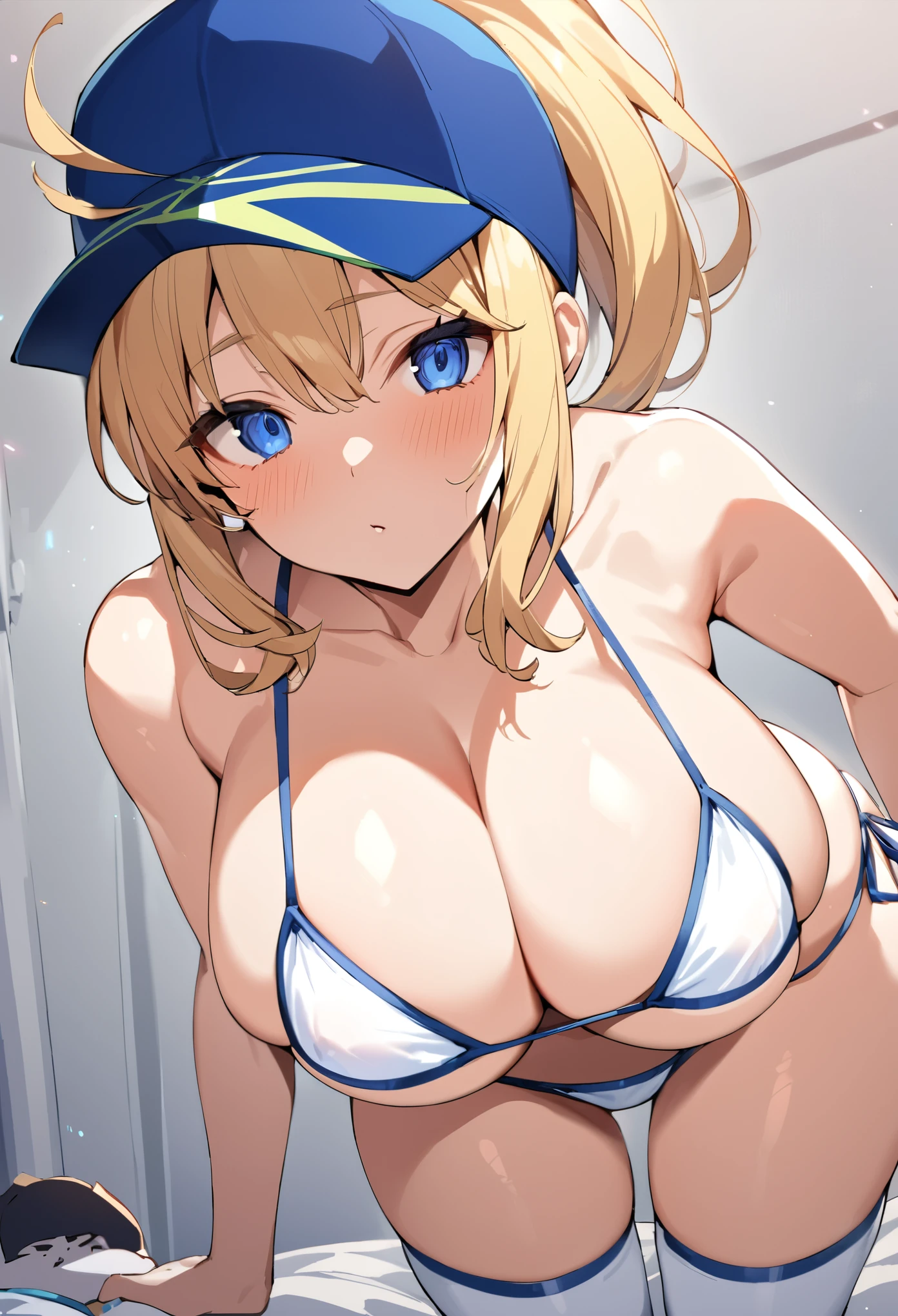 (((Highest quality,High resolution,Pixel perfect,Noise Reduction,Beautiful Anime Girls,Smooth Skin,Glowing Skin,Soft Skin,Detailed face,１people,No text,No dialogue,No sound effects,No manga))),(((Mysterious heroine XX))),(((Blonde,ponytail,Blue eyes,Blue hat,White super micro bikini,White knee-high socks))),((front,Bedroom,Leaning forward,Emphasize big breasts,Cleavage,))