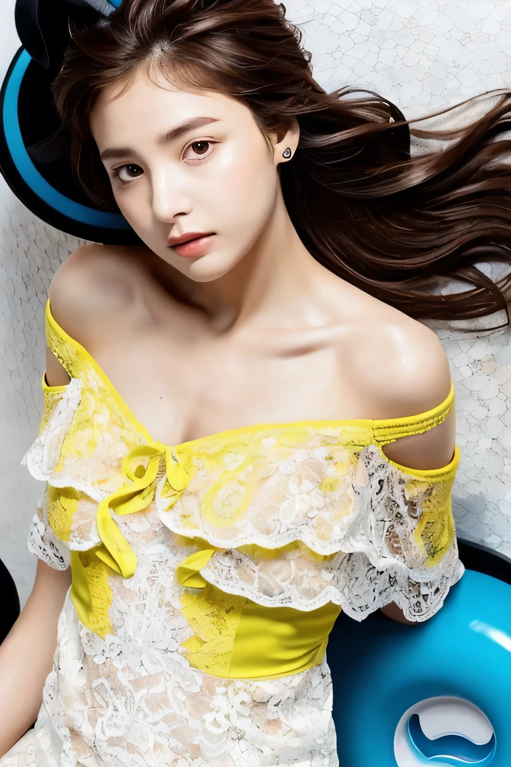 ((Highest quality, 8k, masterpiece: 1.3)), sharp: 1.2, Perfect Body Beauty: 1.6, ((Layered Hairstyles, Small breasts: 2.0)), (white and long legs: 2.0), (ponytail: 2.0), (Yellow lace dress: 2.0, Off-the-shoulder dress: 2.0), ((necklace)), Earrings, ring, Bracelet, Hair Accessories, ((Beautiful young teenager woman)), ((Straight nose)), (Eyeliner), Armpit Hair, Bristles, ((Beautiful Skin)), Wavy Hair, Beautiful attention to detail, Super detailed, Highly detailed face and skin texture, fine grain, double eyelid, Black Hair, Big Ass, Lower Body, Thighs, (((Skinny))), Wet and shiny lips, smile, Get a grip on your body, ((Anatomically correct human body)), ((Crisp body shape)), Ribs, clavicle, Protruding skeleton, A face without nasolabial folds, Shyness, Thin eyebrows, Big eyes, (from above: 1.8)