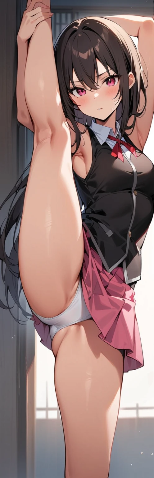 (masterpiece, best quality:1.2), 1girl, 独奏,standing_split,
yuuki mikan, long hair,black sleeveless short vest,pink skirt,black