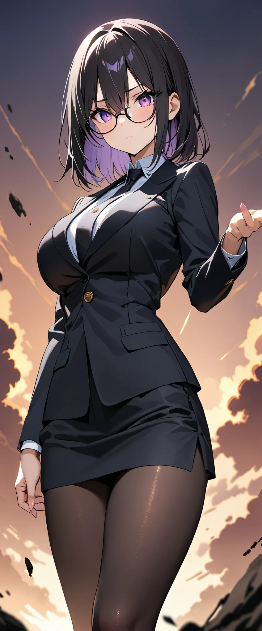 (Highest quality),(masterpiece), 8k,Very detailed, Detailed light, Best Shadow,Detailed reflective eyes, Beautiful Eyes, Very detailedな顔,Shiny Hair,Big Breasts,charm,One person,Gloss,Black Hair,Expressionless,Hollow Eyes,Beautiful fingers,Beautiful Hands,whole body,Black Suit,black tights,Chewed tobacco,Black-rimmed glasses,Sunburn,Purple eyes,thick eyebrows,