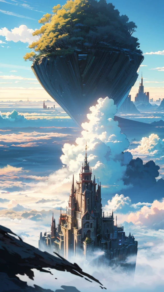 octane render, bioluminescent,8K resolution concept art, realism,by Mappa studios,masterpiece,best quality,official art,illustration,ligne claire,(cool_color),perfect composition,absurdres, fantasy,focused,(in the air),(above the cloud:1.4),(finely detailed modern lost_city:1.3),(lost_city towering above the clouds:1.2),epic,(focus_girl:1.2),(girl in city peak of Broken bridge), sitting on the verge of that bridge looking at the far horizons,rule of thirds,anime_face,fine-tuning face, detailed eyes,cute face,black hair, finely detailed fantasy traveler clothes,calm expression ,overhead_viewer,wind blow at viewer,fantastic plant,book,Giant World Tree,motion,(depth_of_field), extension image, view from above