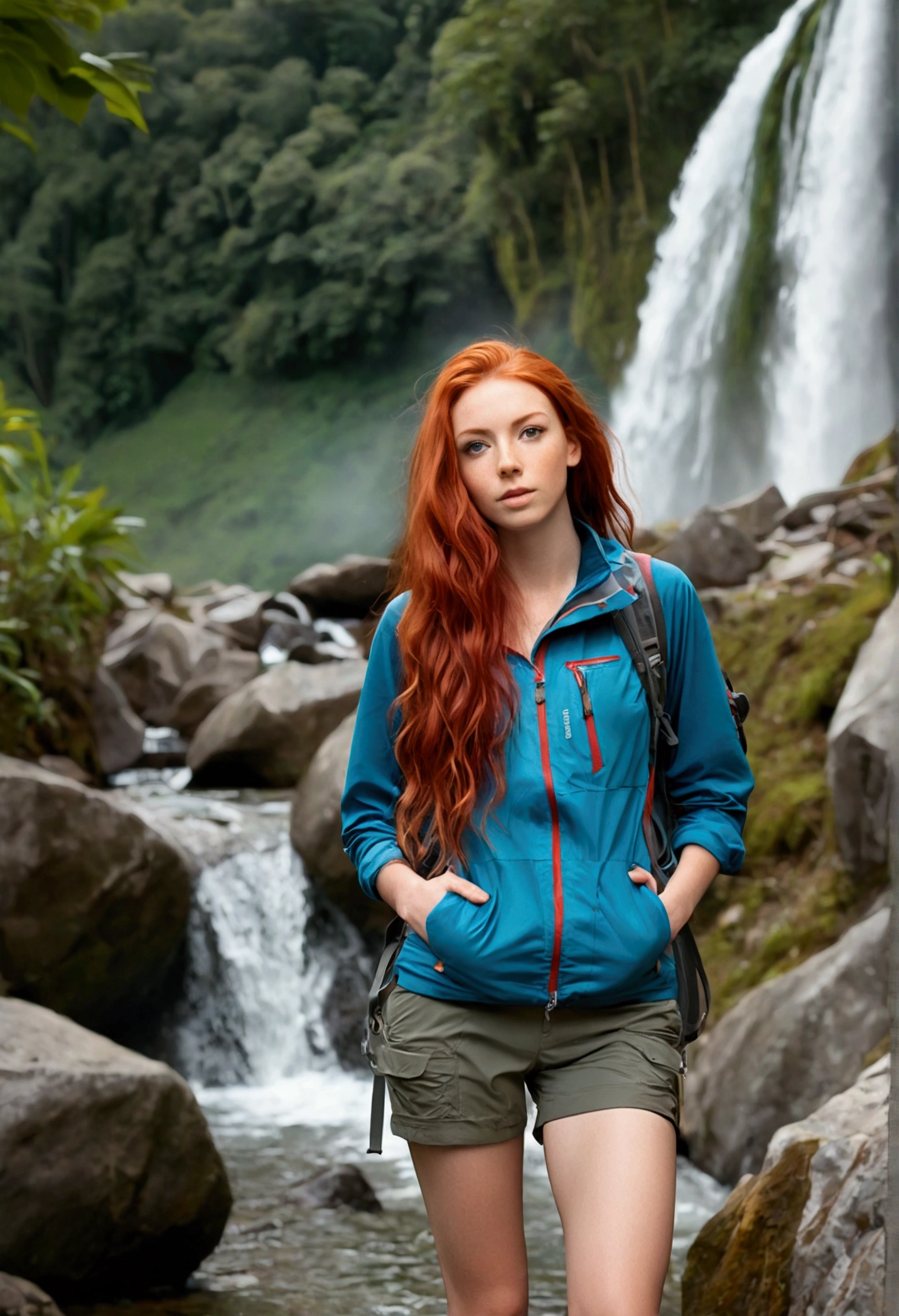 ultra realistic, Photography, long red hair, Girl, 24 years old, perfect body, flirtatious look, extremely detailed artistic germ, In the Artgerm style, trekking, in the background a waterfall, she is dressed in trekking clothes, 35mm lens, long legs, hands in pockets