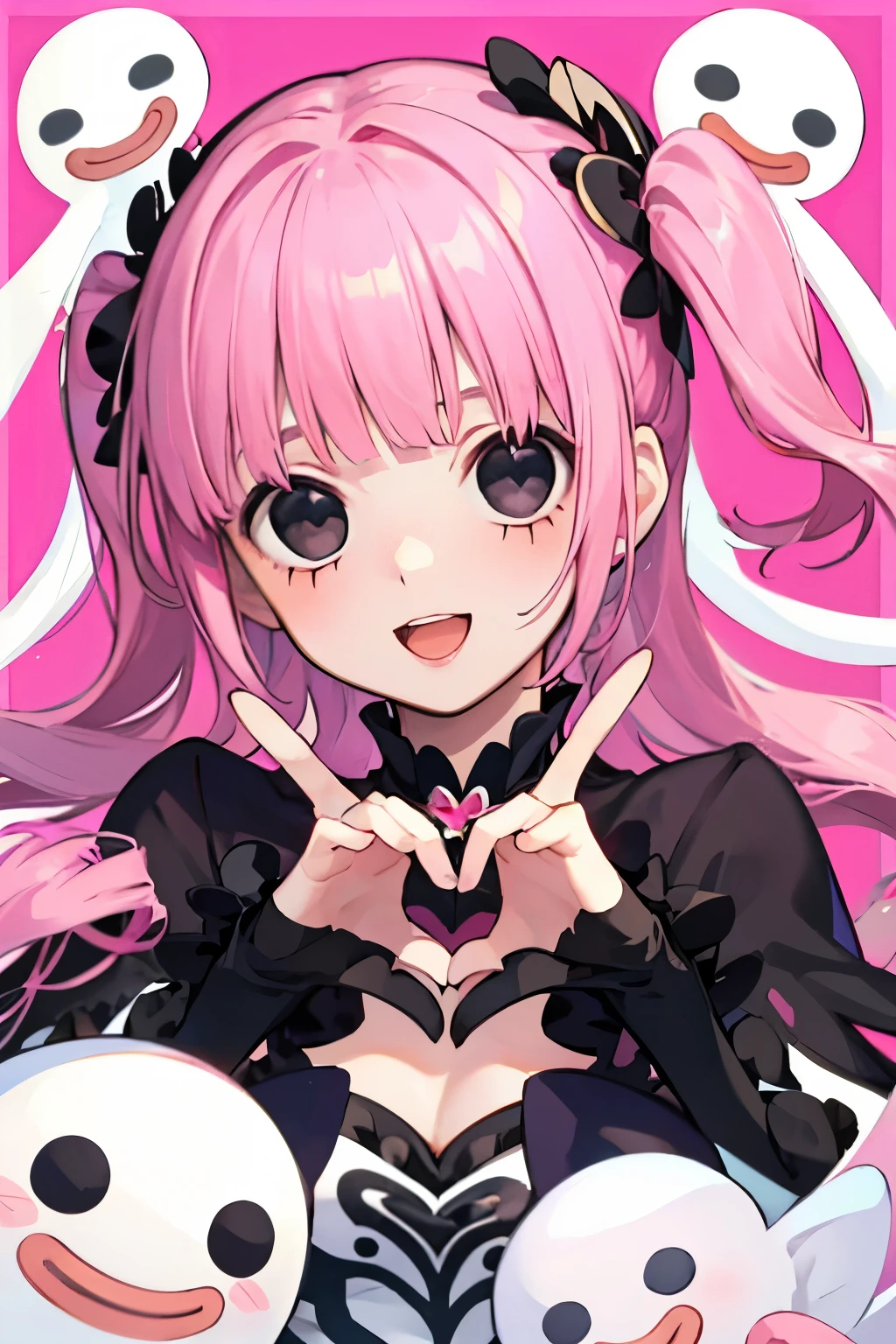 beautiful cute girl,(pink hair:1.2),(drill wave hair:1.1),(black eyes:1.2),((ghost princess:1.1)),smile,(open your mouth:1.1),((hands heart:1.0)),(beautiful hands:1.25).