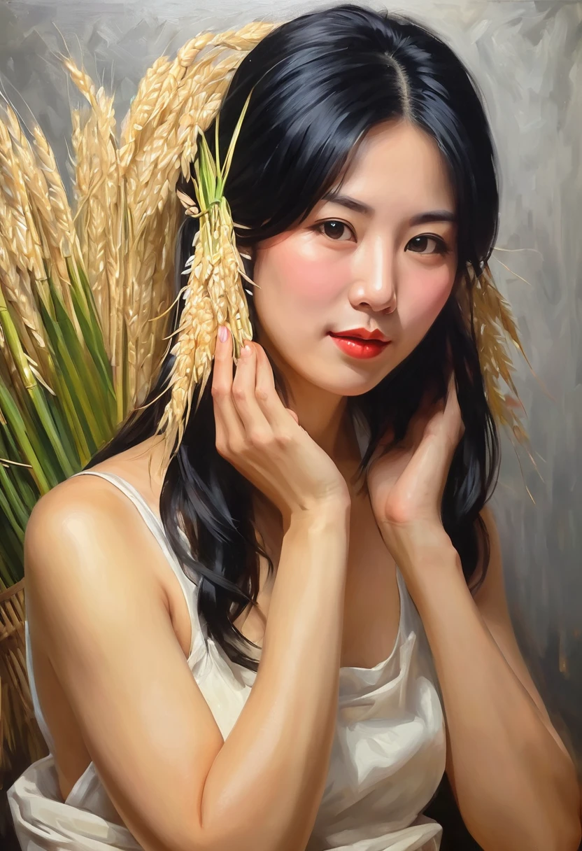 impressionism, oil painting, a very beautiful Japanese mom, straight black hair, naked upper body, holding ears of rice with both hands
