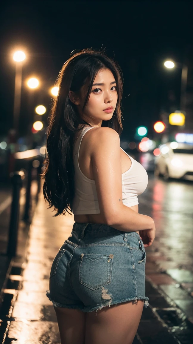 1girl,solo,long hair,Rough skin,(looking at viewer:1.2),wet hair,micro_shorts,dark,polaroid,(depth_of_field:1.5),rainy days,outdoors,street,hair between eyes,moody lighting,Tyndall effect,Cinematic Lighting,night,lamppost,lens flare,available light,rim light,glowing neon lights,curvy,korean_style,