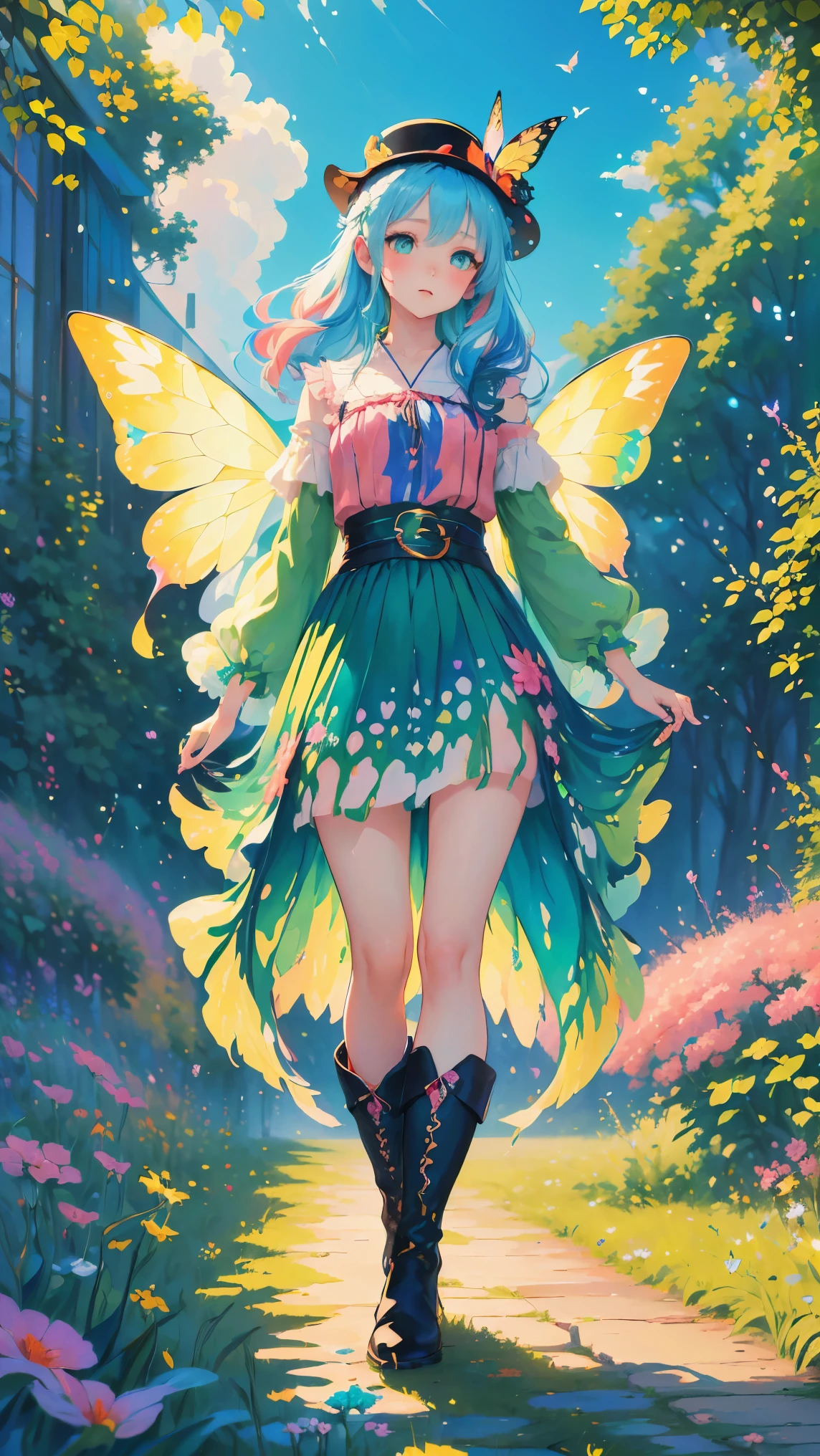 ((best quality)), ((masterpiece)), (detailed), 1girl, Little fairy, winged fairy, swallowtail butterfly wings, pointed hat, multicolored hair, big hair, green clothes, leather boots, fly in the sky, Spread colorful feathers, Fantasy art, fantasy anime, Pastel art, pastel colors