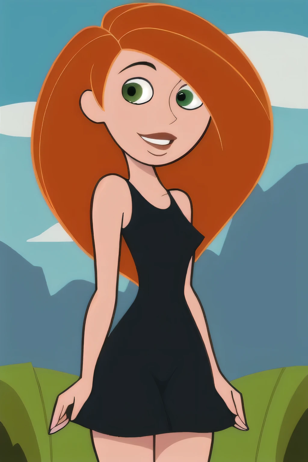 (masterpiece, best quality:1.3), 1girl, looking at viewer, kimberly ann possible, parted lips, upper body, standing, collarbone, bare shoulders, blush, colored skin, orange hair, long hair, absurdly long hair, green eyes, medium breasts, (skindentation:1.2), black dress, loose clothes, sleeveless, blue sky, clouds, garden, landscape, smile, thighs
