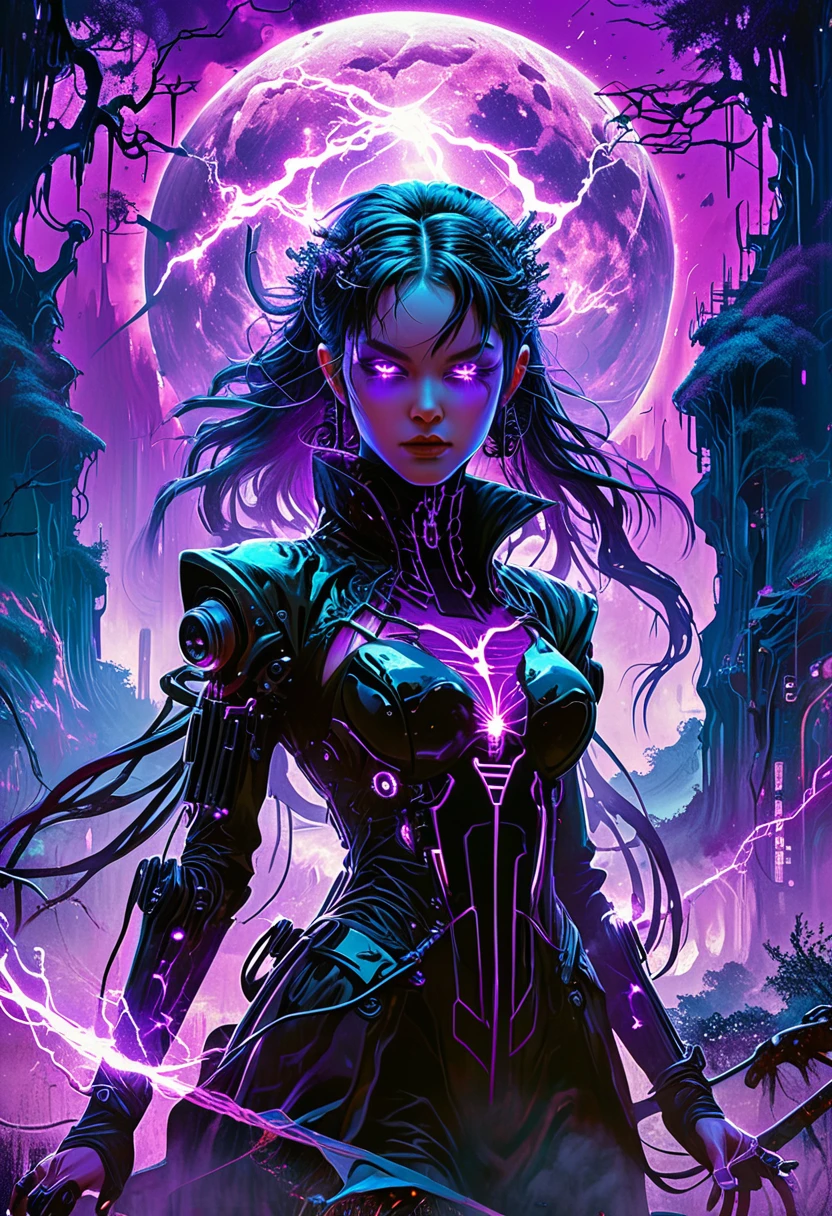 Illustration, anime, cybernetic mage, vintage poster, biopunk, horror, dark and intricate, oil painting, electric purple and black, witchcore, mystical landscape, psychedelic