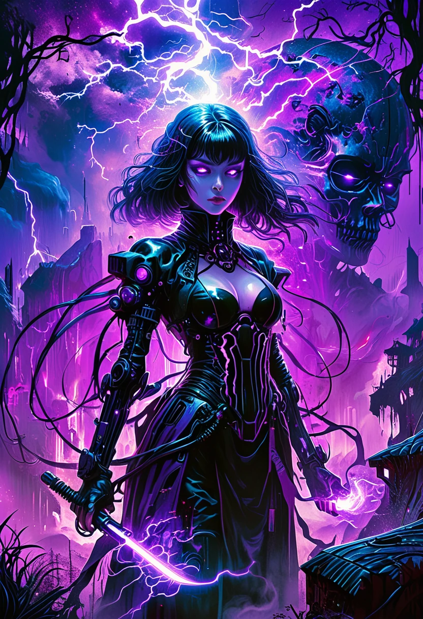 Illustration, anime, cybernetic mage, vintage poster, biopunk, horror, dark and intricate, oil painting, electric purple and black, witchcore, mystical landscape, psychedelic