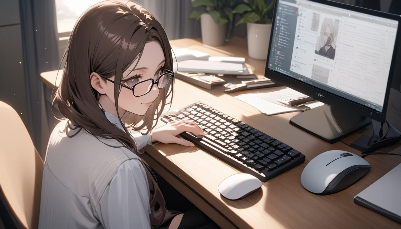 パソコンで仕事をするProfessionalグラマー,Portraiture,Professional,Wearing a smart suit,Stylish glasses,Typing on a sophisticated computer,Use a wireless mouse,Sitting at a modern desk,A soft smile,Soft natural light,High resolution,High resolution,Very detailed.One Woman ,alone, Dark brown hair