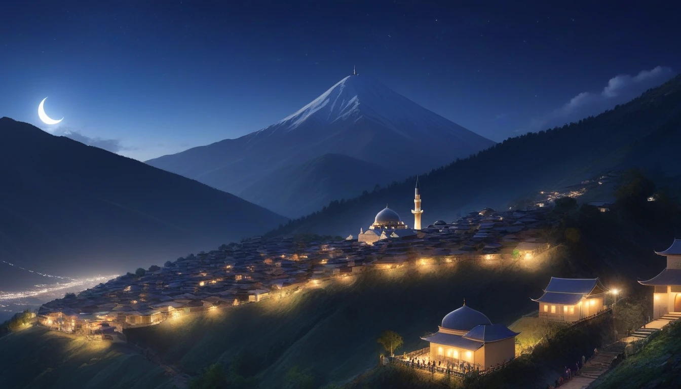 at night, many mountain, masjid on one the mountain, one village