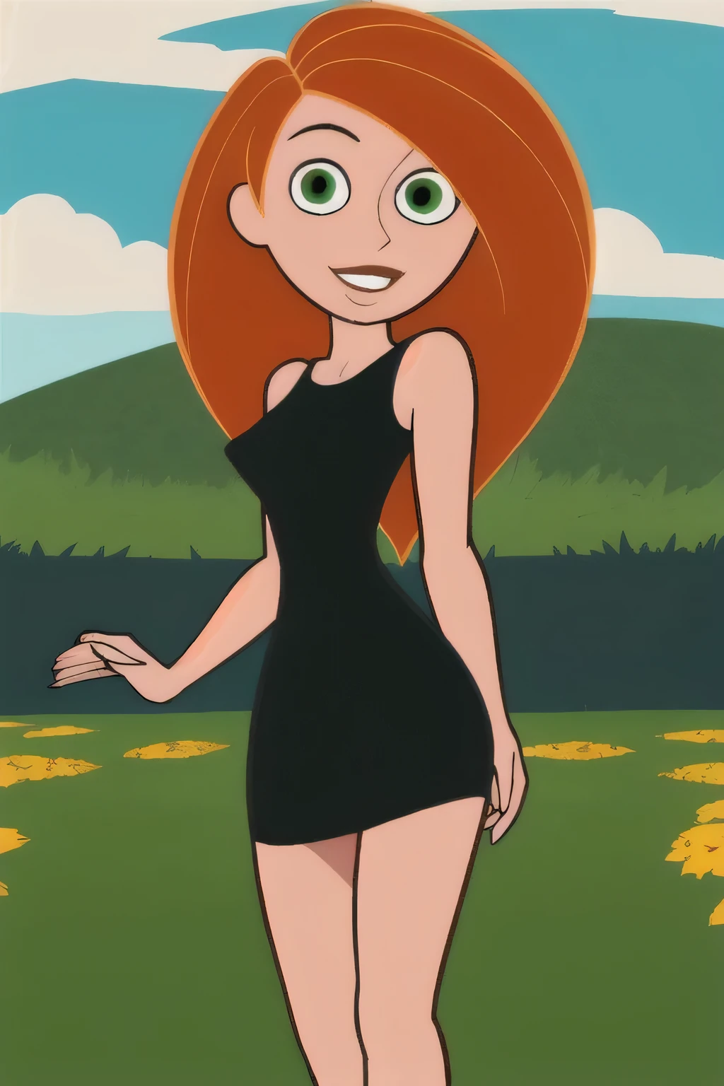 (masterpiece, best quality:1.3), 1girl, looking at viewer, kimberly ann possible, parted lips, upper body, standing, collarbone, bare shoulders, blush, colored skin, orange hair, long hair, absurdly long hair, green eyes, medium breasts, (skindentation:1.2), black dress, loose clothes, sleeveless, blue sky, clouds, garden, landscape, smile, thighs