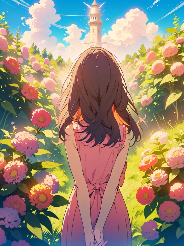 kawaii, anime, Cute, hyper quality, highly detailed, 8k, Clarity, Draw facial expressions in detail, A girl with long dark brown hair and green eyes wearing a pink sleeveless dress, pink achillea flower, look up directly above, Inciting point of view, sky is high, daytime, Seven white birds circling in a circle, Achillea flower garden, back view, whole body, 	