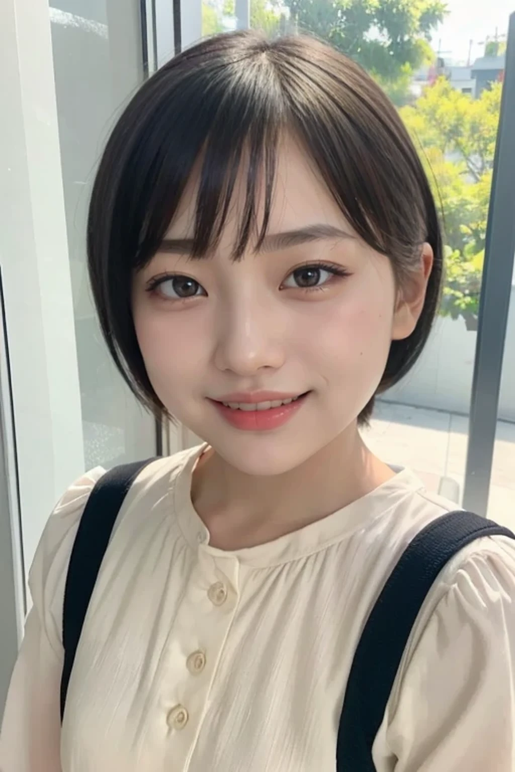 (natural lighting:1.3), 8k, RAW photo, best quality, masterpiece, realistic, photo-realistic, clear, beautiful face, no makeup, best quality, ultra high res, BREAK, Japanese cute girl, 14 years old, (very short cut hair:1.2), smile, standing