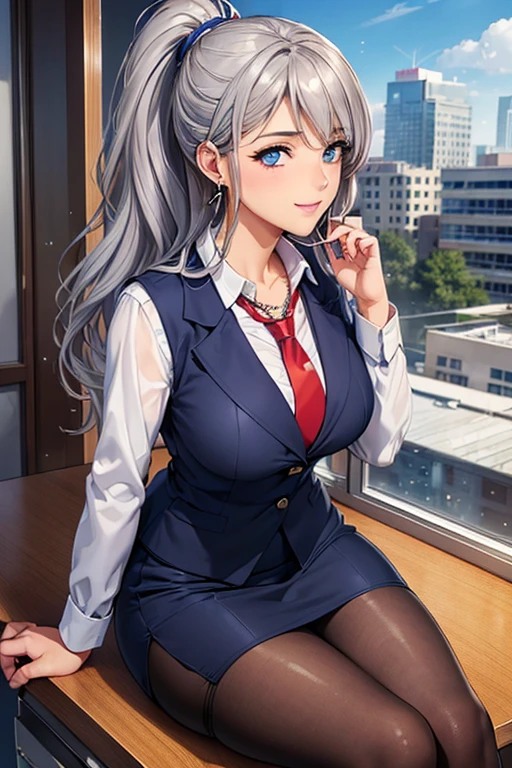 #Basics A girl is posing for a photo, animeのcute女の子,  ((One Girl)), (((Baby Face:1.4)) + ((cute:1.5)) + ((15 years old))), 
break 

#Clothing Accessories 
((Blue Business Suit : White dress shirt + Red tie + Blue suit vest + Blue suit jacket + Black pencil skirt + Low denier black pantyhose), Black high heels), 
((Gold hoop earrings) + (Silver Necklace)),
break 

#Features 
(((Silver Hair)), ((Curly side hair)), ((ponytail) : Long Hair + Fuller Hair + Voluminous Hair + Curly Hair)), 
((Droopy eyes:1.4, Big eyes:1.2), blue eyes),  
break 

#background environment 
((noon + Sunshine + Modern beautiful office + Office building seen from the window)), 
#Facial Expression Pose  
((smile:1.4)), ((Sit at a desk + Hold your knees + Put your face on your knees)), 
#composition 
((Face the camera, (Focus from the side), Cowboy Shot)), 
break 

#Body parts elements 
(Slim figure), 
(Detailed Hair, Beautiful Hair, Shiny Hair), 
(double eyelid, Long eyelashes), 
(Expression of fine eyes, Beautiful and delicate eyes, Sparkling eyes, Eye Reflexes, Glitter Eyeliner), 
(Human Ear), 
(Beautiful Nose, Thin Nose), 
(Glossy Lips, Beautiful Lips, Thick lips), (Symmetrical facial features), 
(Detailed skin, Textured skin, Beautiful Skin, Oily skin), 
break 

#Quality Image Quality Common 
(((Highest quality)), ((masterpiece)), ((Very detailed))), ((Ultra-high resolution)), ((16K, 1080P)), ((Full HD)), 
(Anatomically correct), (Realistic), (3DCG), (oil), (Detailed cloth texture), 
#High quality images and illustrations 
((comics, anime)), CG illustration,

