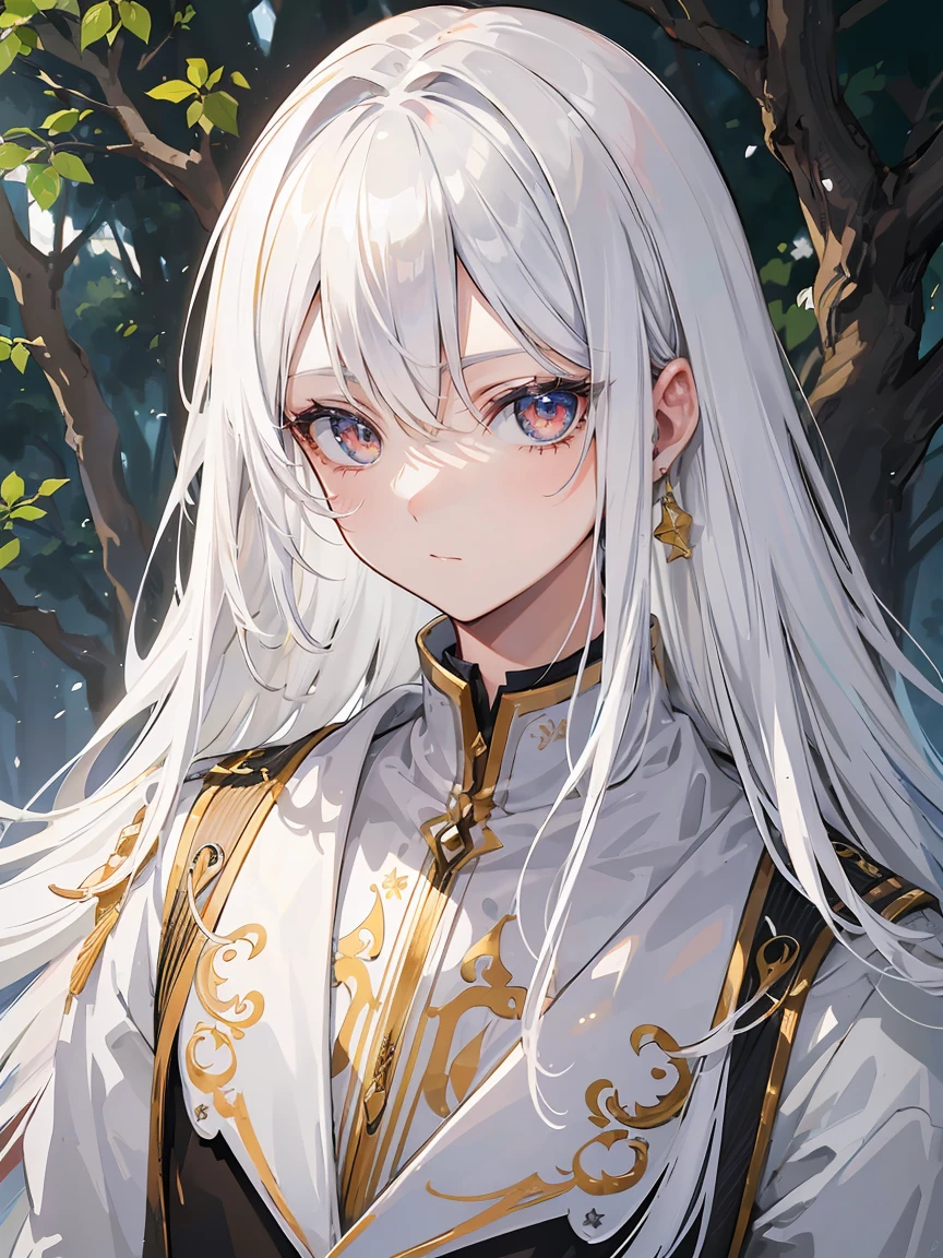 1boy, white hair, brown eyes, beautiful detailed eyes, extremely detailed face, longeyelashes, elegant, many tree background, high res, ((masterpiece))