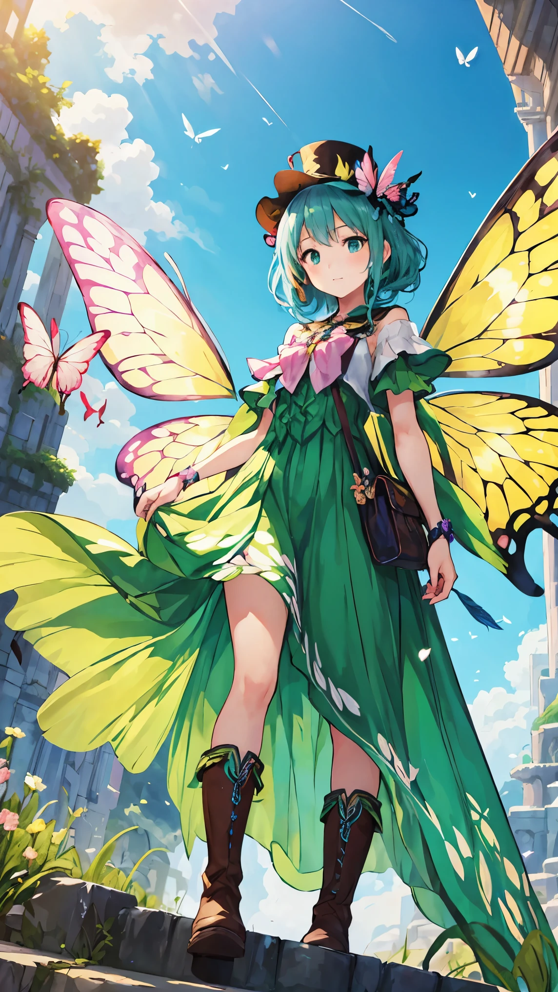 ((best quality)), ((masterpiece)), (detailed), 1girl,  fairy, winged fairy, swallowtail butterfly wings, pointed hat, multicolored hair, big hair, green clothes, leather boots, (fly in the sky), Spread colorful feathers, Fantasy art, fantasy anime, Pastel art, pastel colors, from below