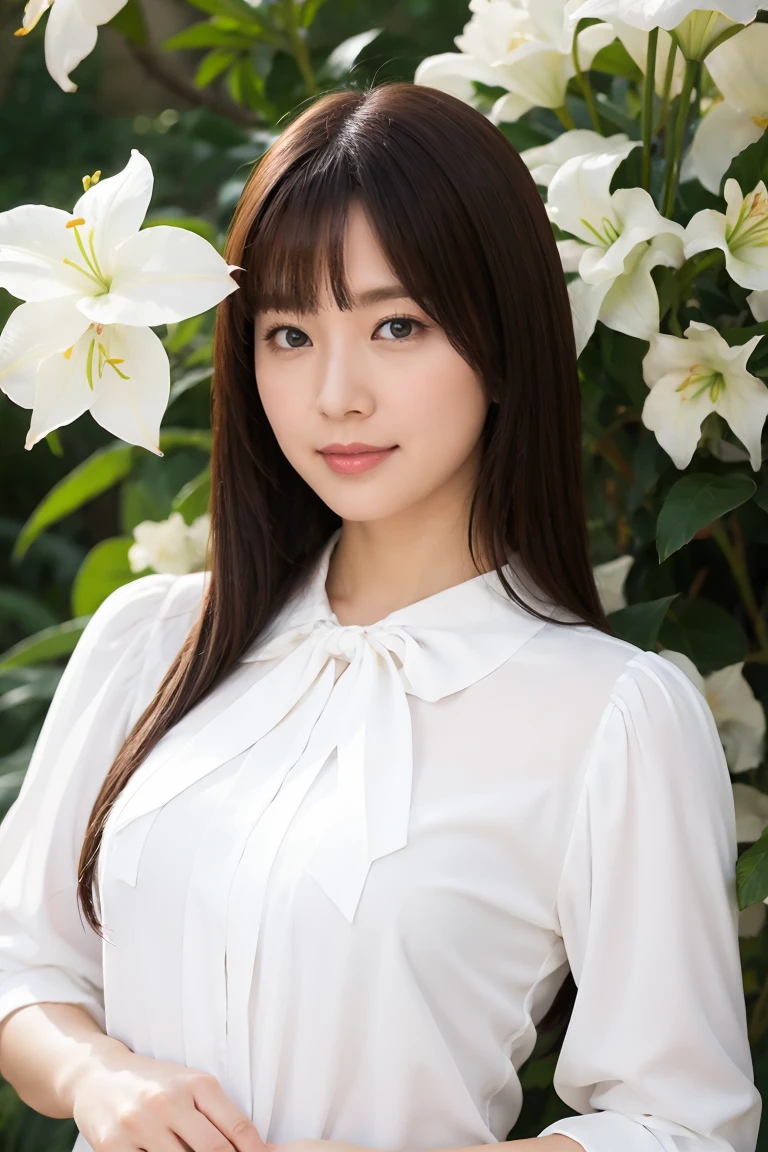 Medium Size Display, Medium Shot, Written boundary depth, bust, Upper Body, Movie angle, masterpiece, Highest quality, Very detailed, CG, 8k wallpaper, Beautiful Face, Delicate eyes, Otome, alone, smile, bangs, skirt, Formal blouse, Bouquet of lilies