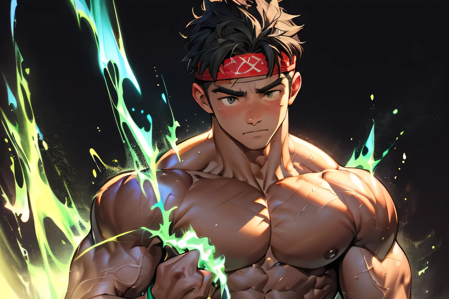 ((masterpiece, best quality)), (((((black background, deep night, upper body))))), (19 year old boy, worm eyes, Young boy, muscler, Shirtless, topless), ((((1boy, flesh, tough, reliable, developed body, blue and green aura effect, holding aura energy)))), (Dark Short straight hair, ((almost completely shaved hair)), under cut, brown eyes), (((red headband, black wristband))), Vivid colors, ((hot Abs:1.2, abs!, big abs, big breast:1.2, chest!, muscler upper arms)), muscler!, muscler body, detailed face, detailed muscle, (((rippling muscles, Flowing energy, giving off an aura of holy power))), Include intense special effects such as bursts of light, energy waves, and wind to emphasize the power of his magic. Highlight his aura