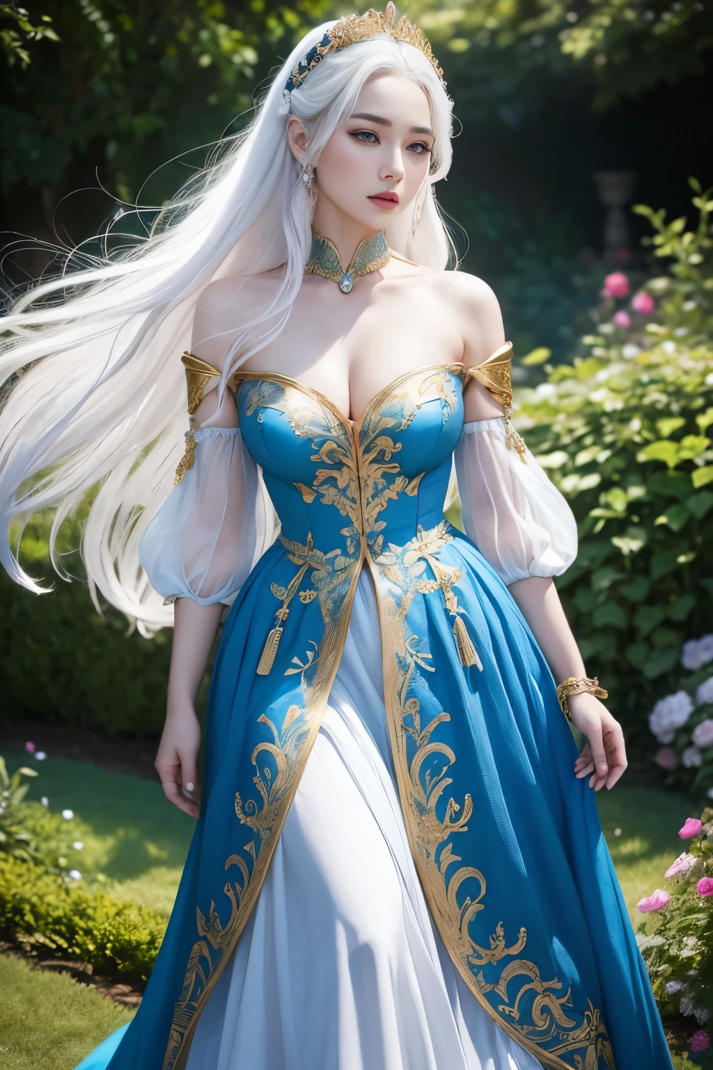 fantasy, Princess Targaryen, full-length, in the garden, a girl with white hair, in a blue dress embroidered with gold threads of rubies and diamonds, with open shoulders, looks like Jessie Mae Lee,, hd