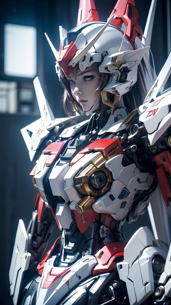 Textured skin, Super Detail, Attention to detail, high quality, high quality, High resolution, 1080P, Hard disk, beautiful,(Gundam Girl),Beautiful cyborg woman,Mecha Cyborg Girl,Battle Mode,Girl with a mechanical body,She wears a futuristic Gundam mecha