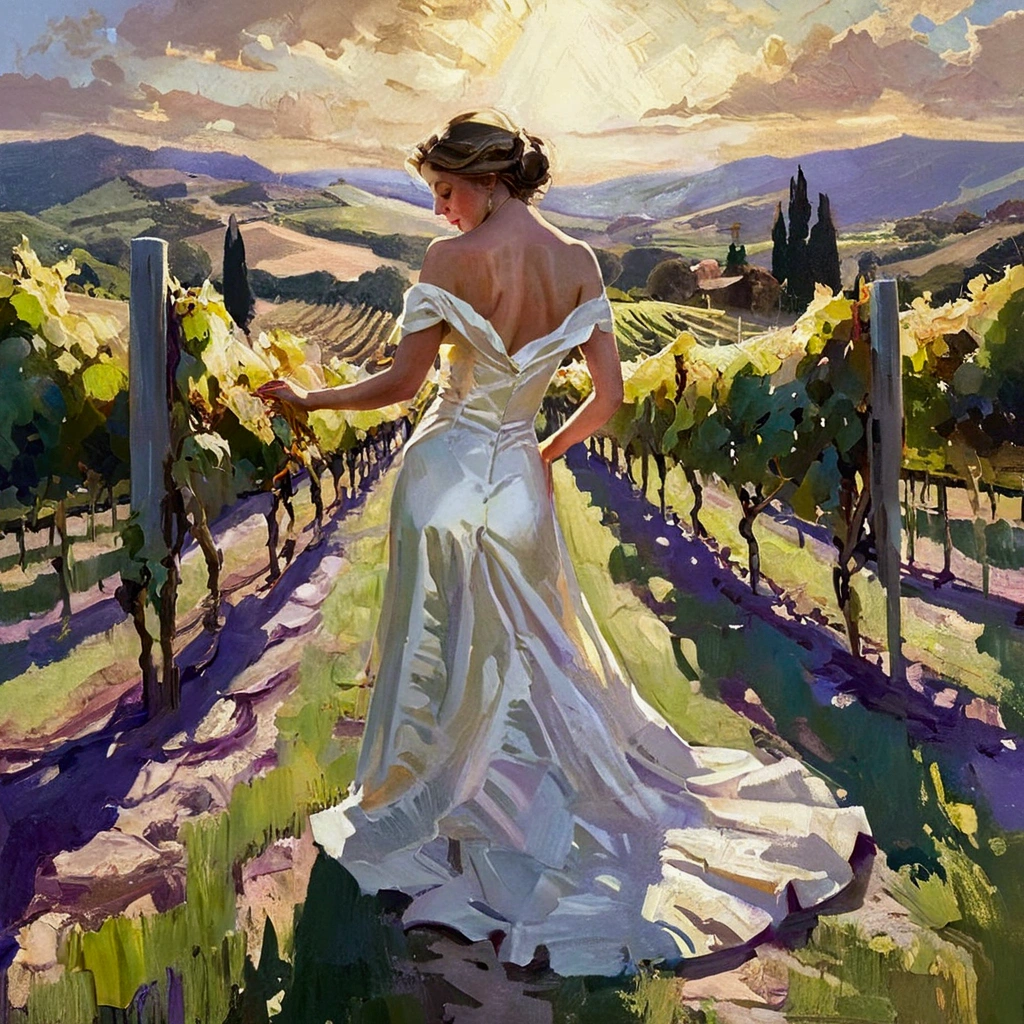 Image of a naked woman, portrayed in a lush oil painting style with dynamic, rich strokes and a palpable thickness of paint evoking a sense of movement, set against a beautifully rendered vineyard bathed in golden sunlight. The composition merges historical elegance with contemporary sensuality, emphasizing the graceful curves and form of the body, while the background features sprawling grapevines and soft hills that add depth and warmth, creating an inviting and harmonious atmosphere.