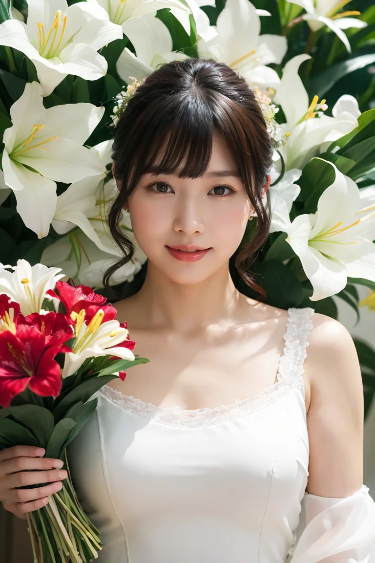 Medium Size Display, Medium Shot, Written boundary depth, bust, Upper Body, Movie angle, masterpiece, Highest quality, Very detailed, CG, 8k wallpaper, Beautiful Face, Delicate eyes, Otome, alone, smile, bangs, skirt, Formal blouse, Bouquet of lilies