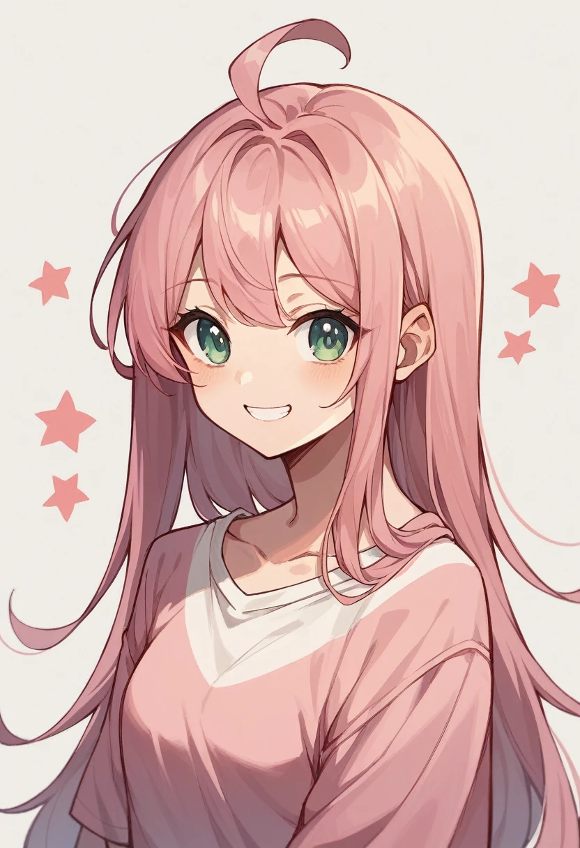 Highest quality、Super detailed、1 smiling cute anime girl、long hair、Pink clothes、Simple Background