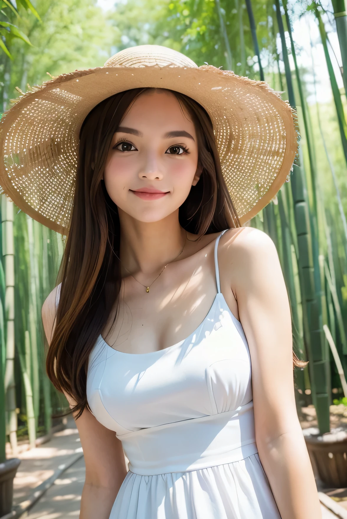 Large bust、A beautiful teenage girl with a slim waist。The skin is fine and white。The expression is cheerful。Her hair is long and straight, reaching down to her chest.。Dressed in a white summer dress。Wide brim white hat with blue accents。The background is a bamboo forest。She turns around, looking at the bamboo forest.。