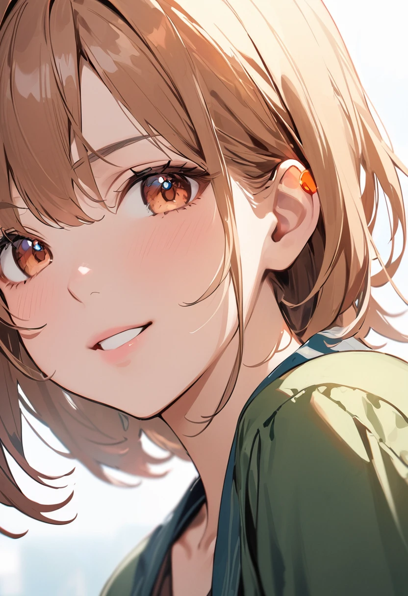 A woman wearing a hearing aid due to hearing loss、Close-up of face