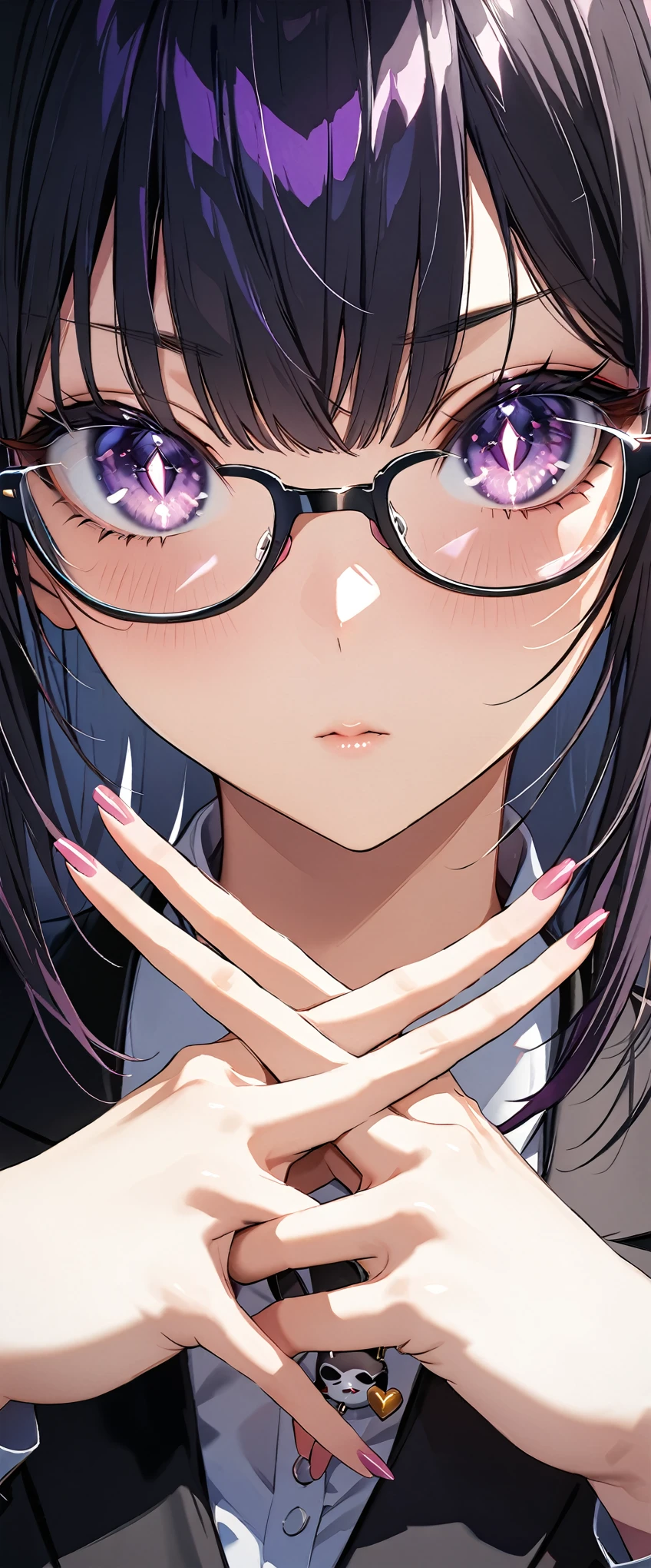 (Highest quality),(masterpiece), 8k,Very detailed, Detailed light, Best Shadow,Detailed reflective eyes, Beautiful Eyes, Very detailedな顔,Shiny Hair,Big Breasts,charm,One person,Gloss,Black Hair,Expressionless,Hollow Eyes,Beautiful fingers,Beautiful Hands,whole body,Black Suit,black tights,Black-rimmed glasses,Sunburn,Purple eyes,thick eyebrows,Cool,
