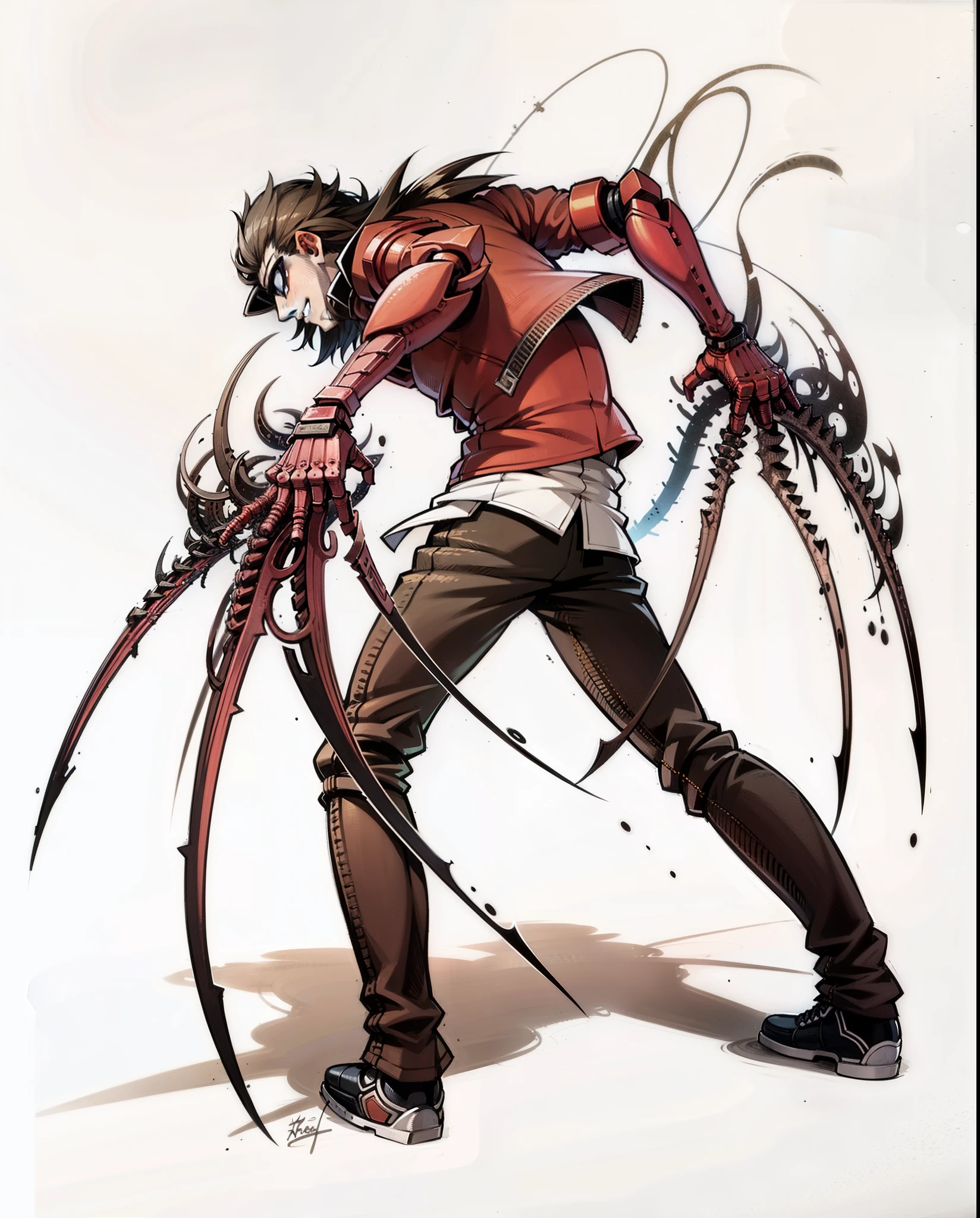 ((illustration)), (best quality)), ((masterpiece)), (detailed), ((front view)) comic, adult, male, dark hair, albertwesker, jacket, black gloves, coat, sunglasses, leather, mechanical arms, claws, robot arms,