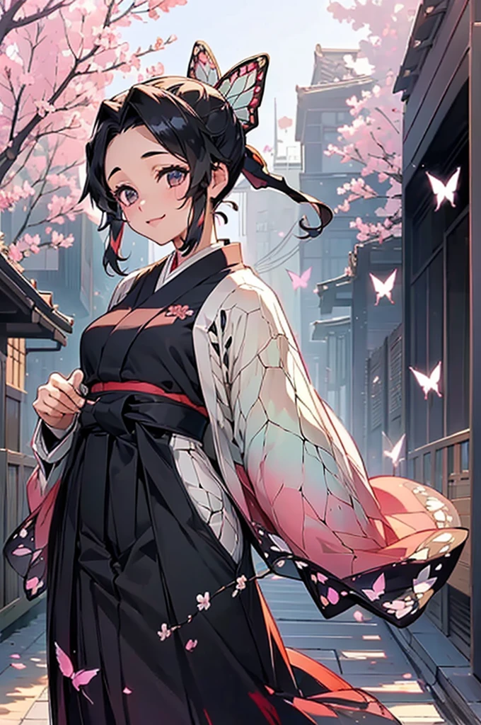 (((beautiful))), (((Hakama, kimono))), ((Black Hair, ponytail, Butterfly ribbon)), (((Intricate details))), High resolution, ((Intricate details, Ultra-detailed)), whole body, Are standing, looking at the camera, Red cheeks, smile, cherry blossoms, Walking the Streets