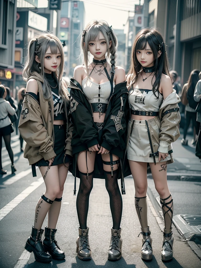 (Three Girls, 3 girls:1.5)、(Smiling with teeth showing:1.3),(Shibuya Gal:1.5)、(Beautiful gravure model:1.5)、(Neo-goth fashion:1.5)、(Punk RockVisual Kei:1.5)、(An off-the-shoulder hoodie in olive and beige colors, adorned with delicate silver accessories.:1.5)、(Beige and white corset with delicate design:1.4)、(Olive and white snakeskin bodysuit:1.5)、(head band:1.3)、(Beige and olive knee socks:1.4)、Embellished collar and long boots、(I&#39;m selling snake print underwear.:1.4)、(Long eyelashes:1.3)、(20-year-old)、((Highest quality、8k、masterpiece:1.3))、Slim and beautiful abs:1.3、(hairstyle casual、Beautiful boobs:1.1)、(Doing an aerobics pose:1.3)、dress:1.1、Super small face、Narrow eyes、double eyelid、A sloppy smile、Esbian all over body、Dynamic Angle、Close-up、CPL Filter、Blurred Background、Bokeh、Blue Hour、Detailed face and skin texture、Detailed eyes、,(Twin tails:1.3)、(Black brown hair:1.3)、Gravure idol、(The background is a bright and glamorous fashion show stage.:1.3)、(Make your legs thinner:1.4)、(Slim Body:1.3)、(clavicle:1.1)
