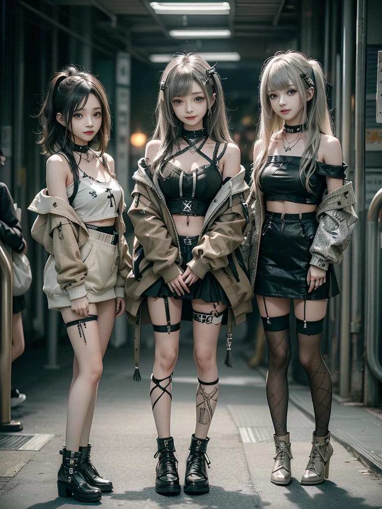 (Three Girls, 3 girls:1.5)、(Smiling with teeth showing:1.3),(Shibuya Gal:1.5)、(Beautiful gravure model:1.5)、(Neo-goth fashion:1.5)、(Punk RockVisual Kei:1.5)、(An off-the-shoulder hoodie in olive and beige colors, adorned with delicate silver accessories.:1.5)、(Beige and white corset with delicate design:1.4)、(Olive and white snakeskin bodysuit:1.5)、(head band:1.3)、(Beige and olive knee socks:1.4)、Embellished collar and long boots、(I'm selling snake print underwear.:1.4)、(Long eyelashes:1.3)、(20-year-old)、((Highest quality、8k、masterpiece:1.3))、Slim and beautiful abs:1.3、(hairstyle casual、Beautiful boobs:1.1)、(Doing an aerobics pose:1.3)、dress:1.1、Super small face、Narrow eyes、double eyelid、A sloppy smile、Esbian all over body、Dynamic Angle、Close-up、CPL Filter、Blurred Background、Bokeh、Blue Hour、Detailed face and skin texture、Detailed eyes、,(Twin tails:1.3)、(Black brown hair:1.3)、Gravure idol、(The background is a bright and glamorous fashion show stage.:1.3)、(Make your legs thinner:1.4)、(Slim Body:1.3)、(clavicle:1.1)