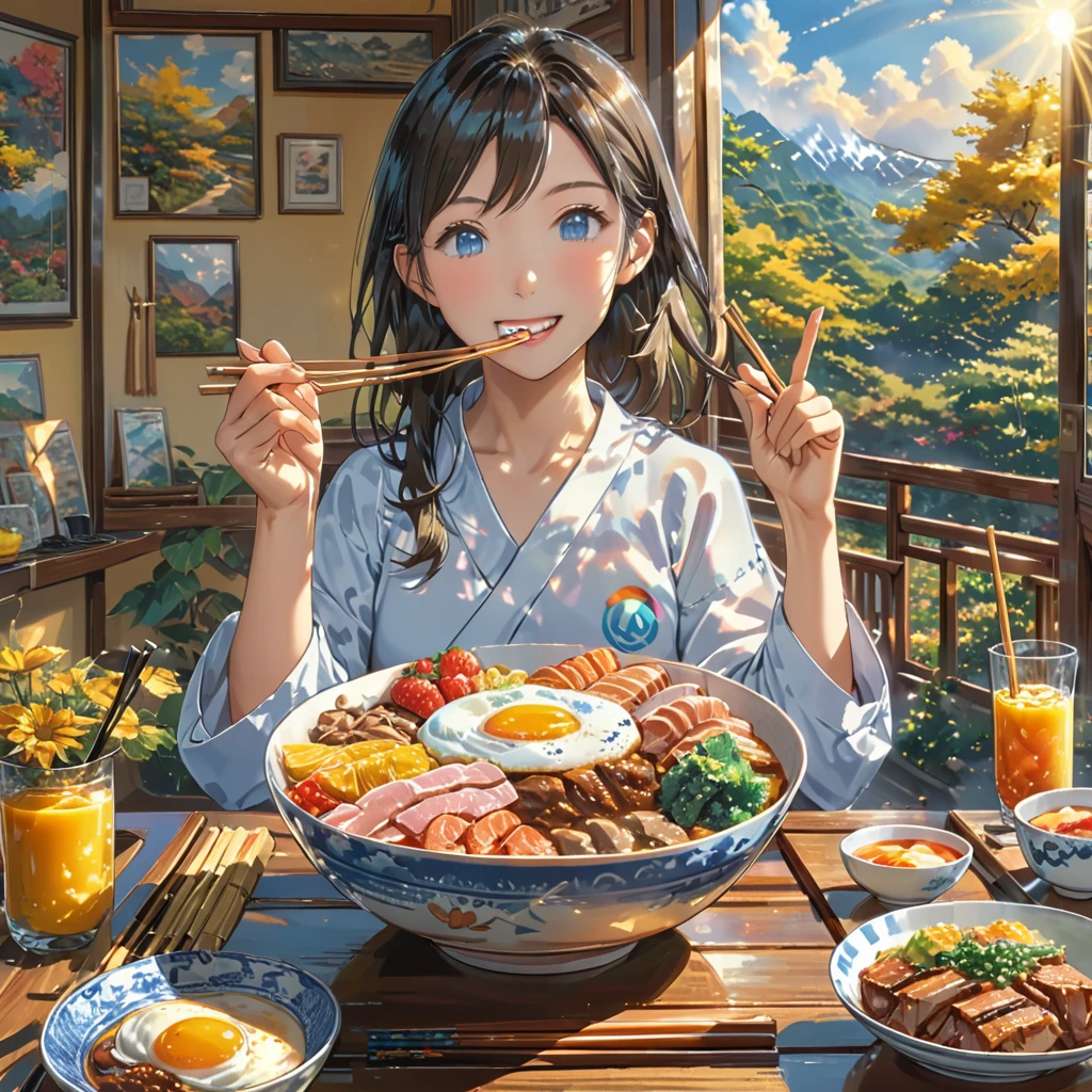 eating breakfast, good scenery, beautiful sunshine, best food, anime style, masterpiece, one hand holding chopstick, one hand peace sign, UHD, accurate, high quality, high details, super detail, award winning, best quality, 16, 5 fingers, best hands, perfect fingers