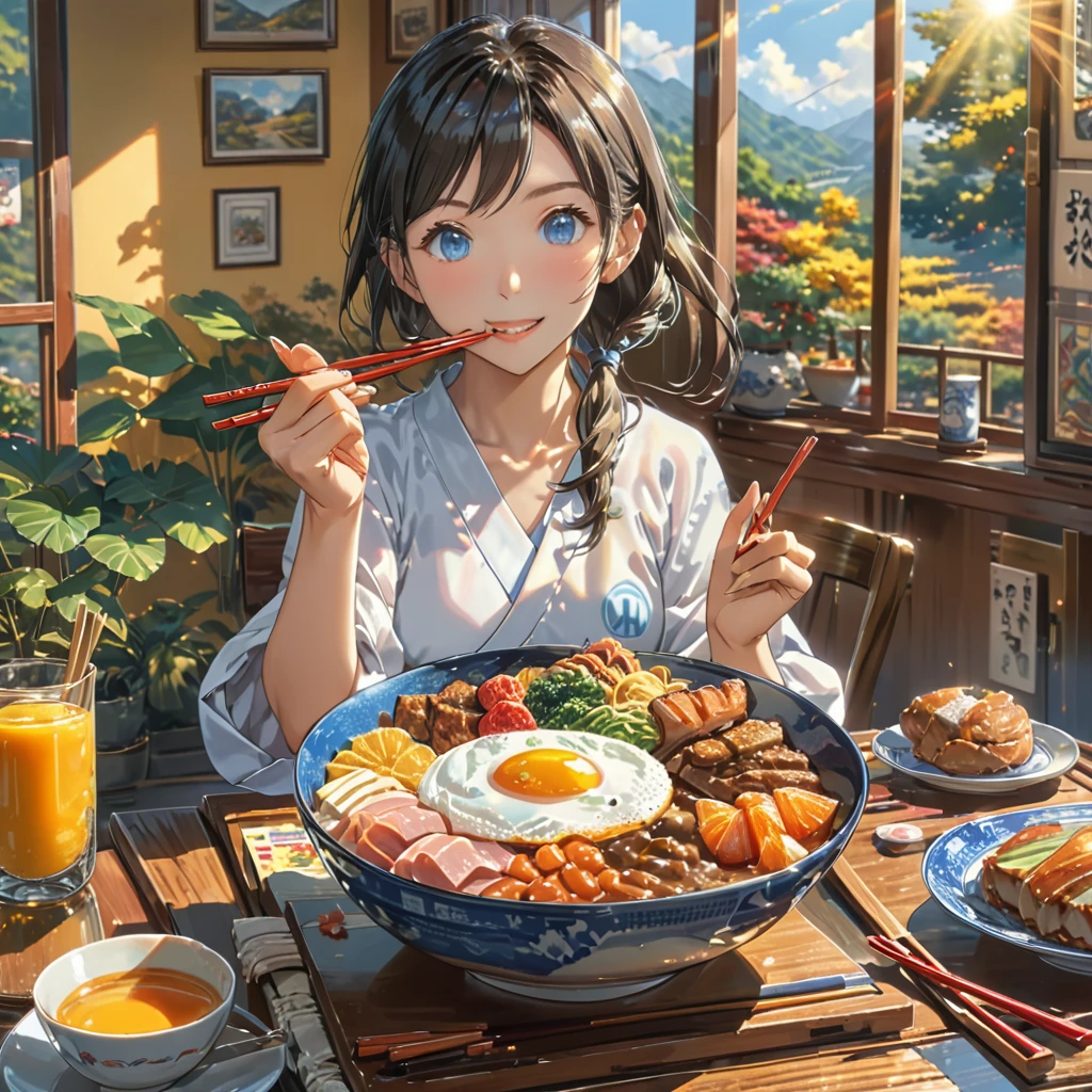 eating breakfast, good scenery, beautiful sunshine, best food, anime style, masterpiece, one hand holding chopstick, one hand peace sign, UHD, accurate, high quality, high details, super detail, award winning, best quality, 16, 5 fingers, best hands, perfect fingers