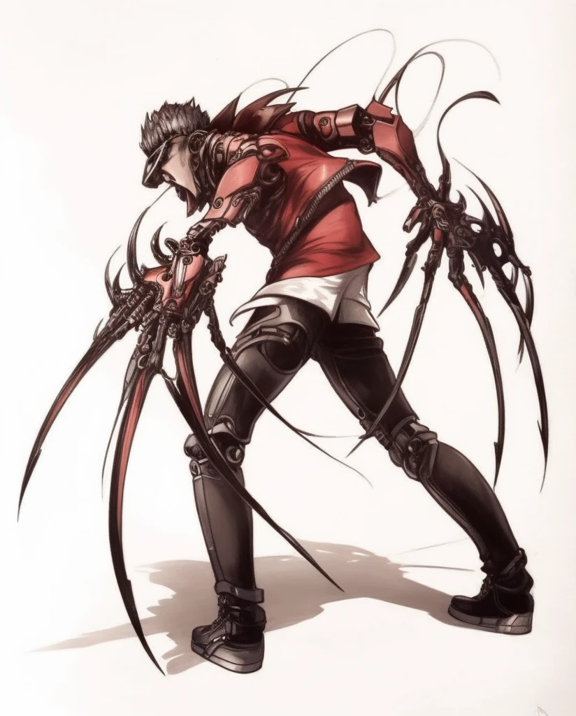 ((illustration)), (best quality)), ((masterpiece)), (detailed), ((front view)) comic, adult, male, dark hair, albertwesker, jacket, black gloves, coat, sunglasses, leather, mechanical arms, claws, robot arms,