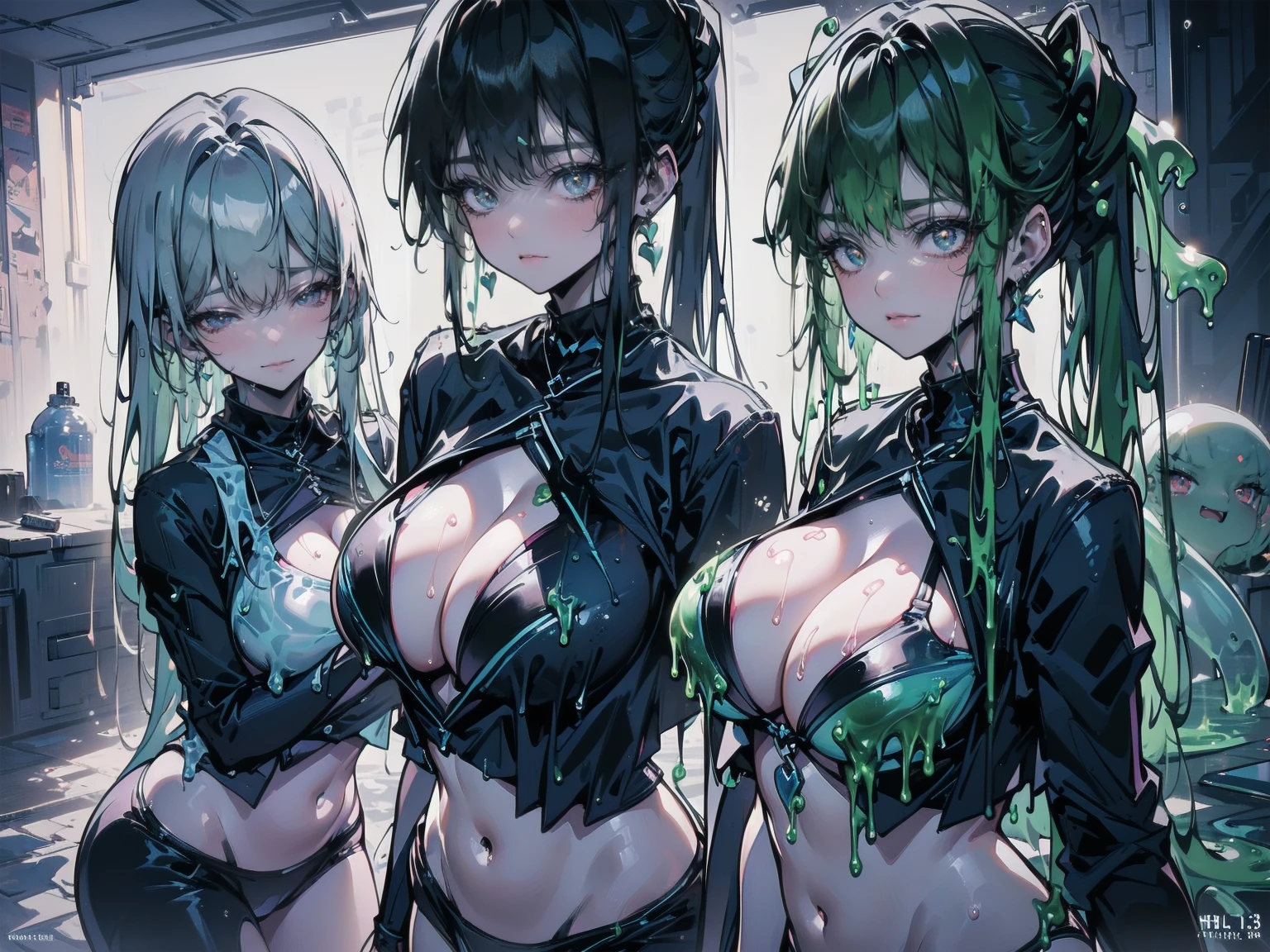 Mature beautiful woman,(Highest quality,Extremely detailed depiction,Incredible high resolution,Anatomically accurate depiction,Curvy Legs),(Glowing Skin,Glowing Skin,Oilskin),(Bikini Swimwear,latex,Wet body),eyelash,Sweat,(pupil,Half-closed eyes:1.3,There is cleavage in the chest,Captivating smile,Glossy lipstick,Flashy makeup,),whole body,background:Daytime pool,(There is a cute slime on the chest.:1.5),Cute translucent light blue slime,slime with face,,